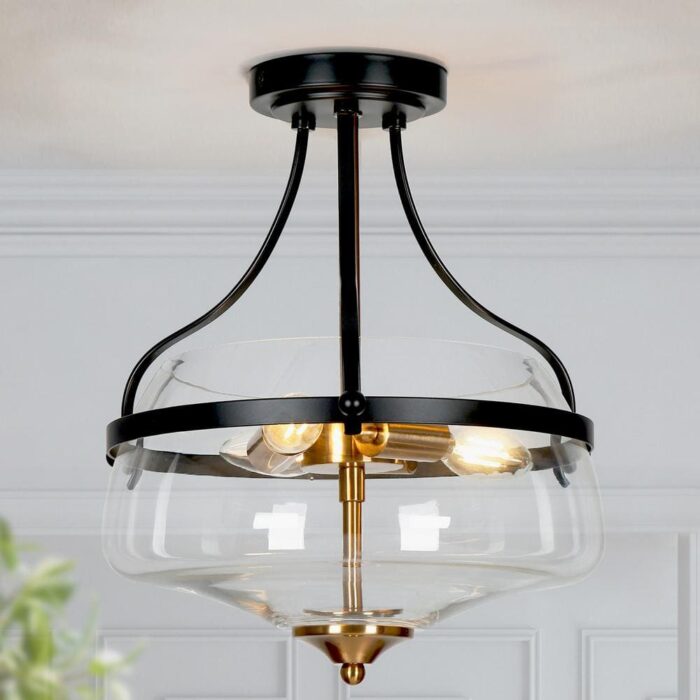 Modern Farmhouse Bowl Semi-Flush Mount Lighting, 3-Light Transitional Ceiling Lights with Clear Glass Shade